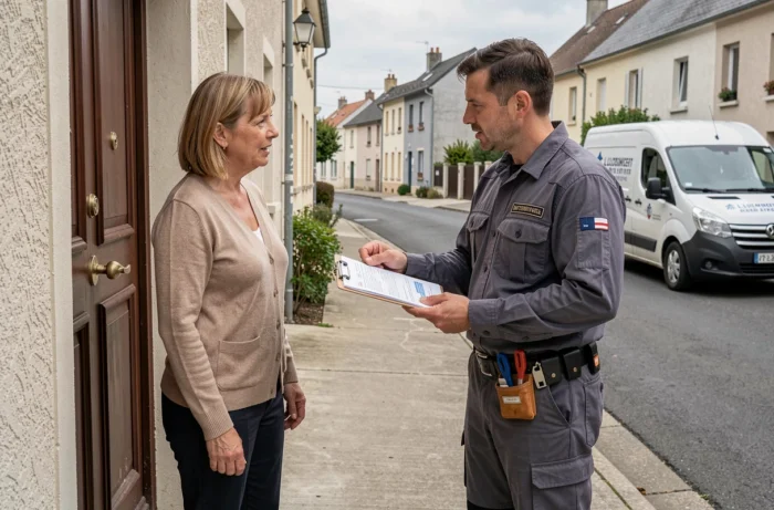 Serrurier fiable expliquant une réparation de serrure à une propriétaire devant sa maison dans la région d'Aubergenville