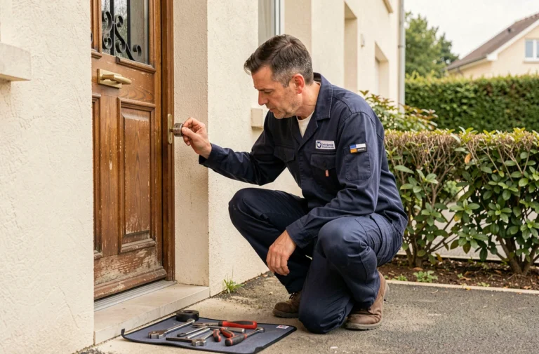 Serrurier professionnel en uniforme examinant une serrure sur une porte d'entrée d'une maison à Aubergenville