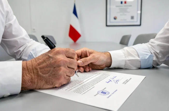 Fonctionnaire signant un contrat de bail emphytéotique administratif officiel avec tampons et annotations dans une salle de réunion gouvernementale française