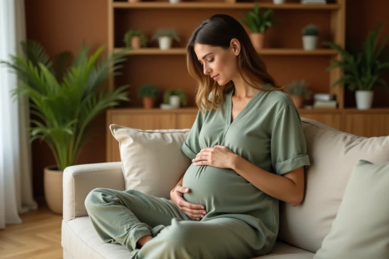 Femme enceinte au troisième trimestre assise sur un canapé, les mains sur le ventre, reconnaissant les signes avant-coureurs de l'accouchement