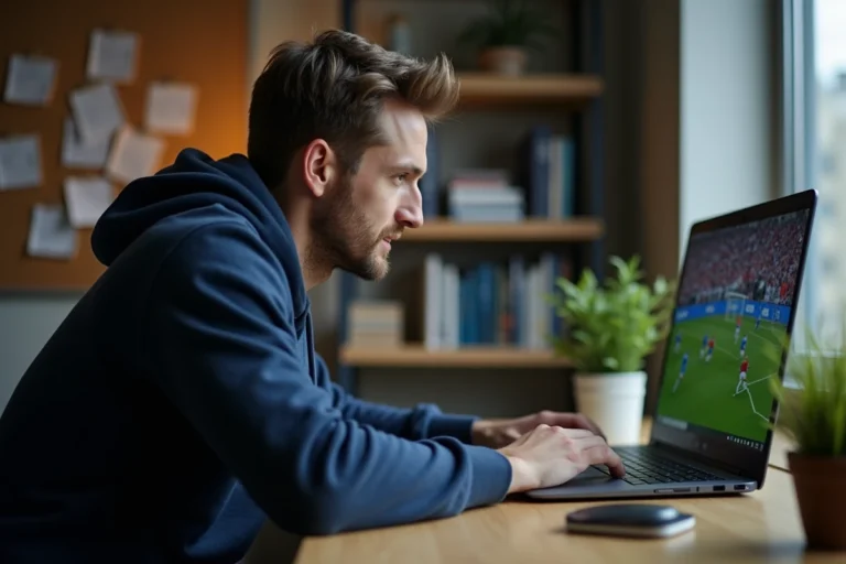 Homme regardant un match de football en streaming sur son ordinateur portable depuis un bureau à domicile
