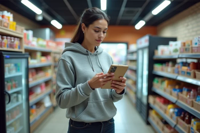 Femme vérifiant le suivi de livraison Vinted Go sur son téléphone dans un point relais