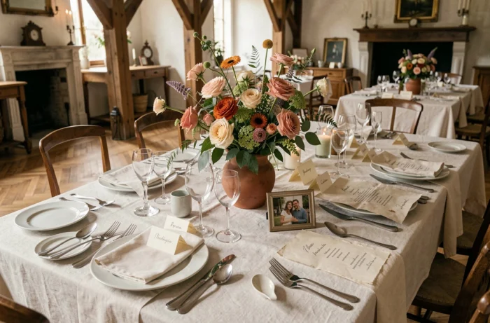 Table de réception de mariage personnalisée avec cartons de place manuscrits, menu sur papier texturé et bouquet de fleurs saison dans un vase en terre cuite dans un château français