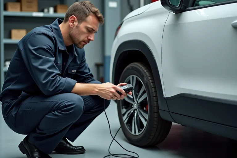 Technicien automobile utilisant un scanner OBD2 pour réinitialiser le voyant service sur une Peugeot 2008 blanche dans un garage professionnel