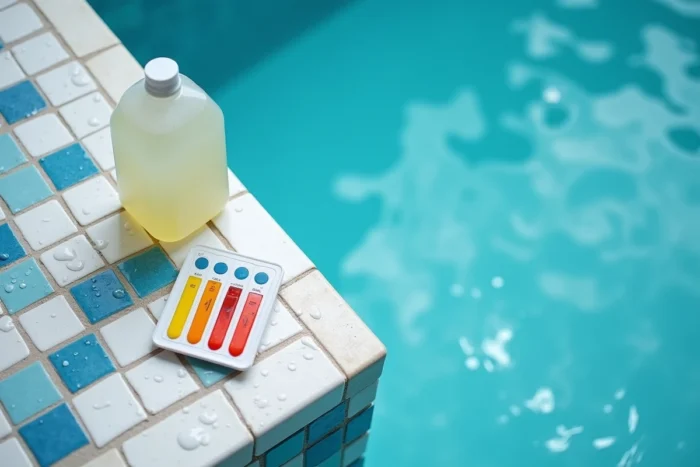 Kit de test de chlore et bouteille de javel au bord d'une piscine avec eau trouble due à un surdosage