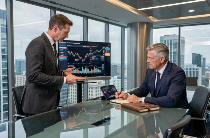 Deux traders en discussion professionnelle autour de graphiques de performance BX4 dans une salle de réunion d'entreprise