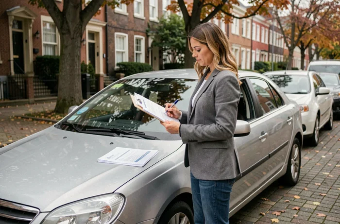 Femme complétant les démarches de transfert de carte grise à côté de sa voiture dans la rue