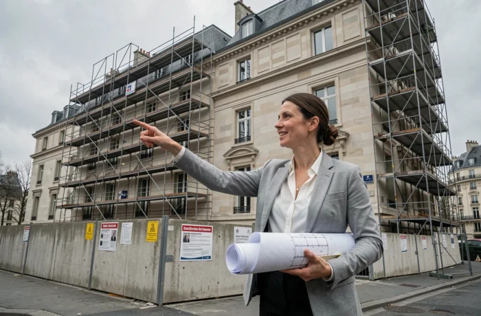 Urbaniste tenant des plans architecturaux devant un chantier de construction d'un bâtiment public dans le cadre d'un bail emphytéotique administratif en France