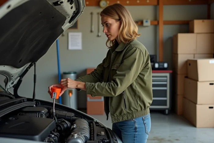 Femme vérifiant le niveau d'huile moteur sous le capot ouvert d'une voiture dans un garage domestique