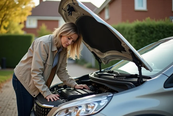 Propriétaire vérifiant le moteur de sa Peugeot 2008 grise après l'apparition du voyant service sur l'allée de sa maison