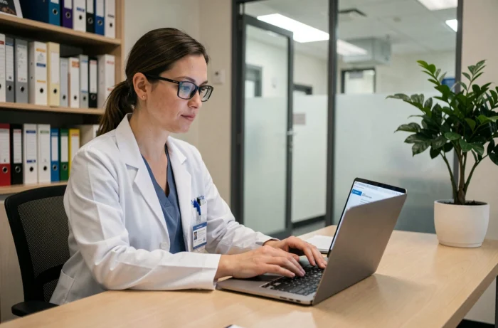 Vétérinaire femme consultant un espace de ressources vétérinaires en ligne sur un ordinateur portable dans un cabinet professionnel
