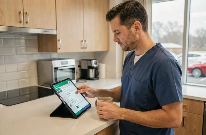 Vétérinaire homme gérant ses ressources professionnelles en ligne via une tablette dans une salle de pause de clinique vétérinaire