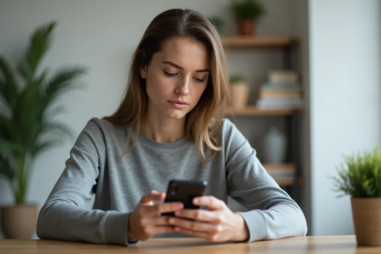 Jeune femme consultant discrètement des stories Instagram sur son smartphone depuis un bureau à domicile