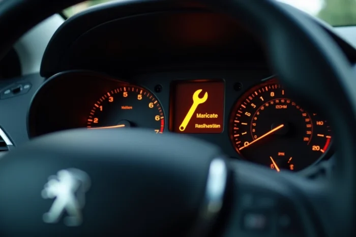 Voyant service orange allumé sur le tableau de bord d'une Peugeot 2008 indiquant une révision ou une anomalie mécanique